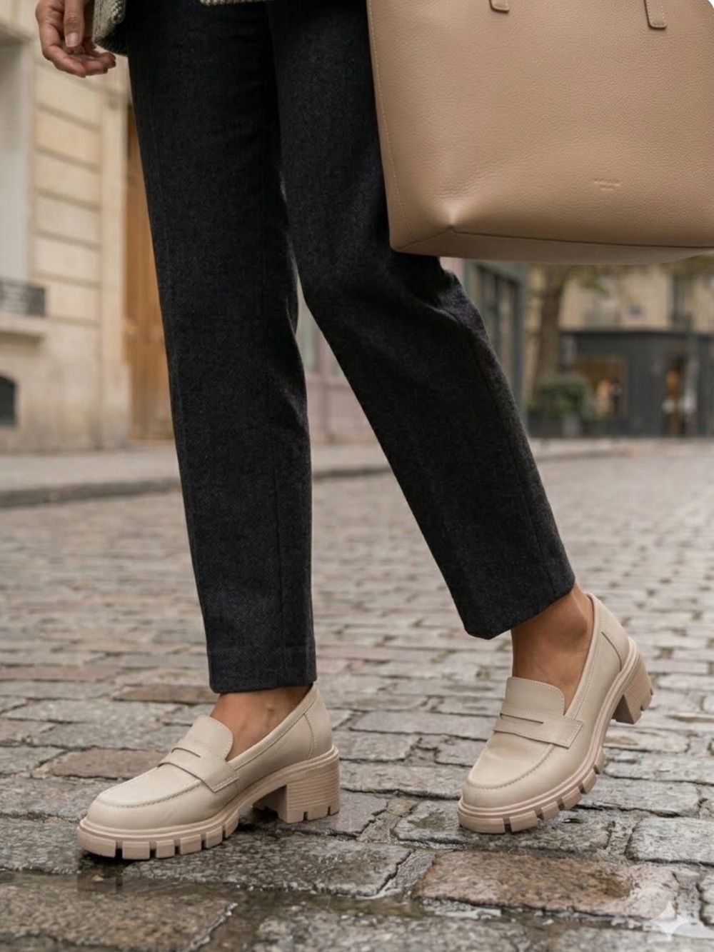 Suede Chunky Platform Loafers in Beige